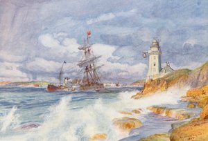 Infarten till Falmouths hamn (färglitografi) av Charles William Wyllie