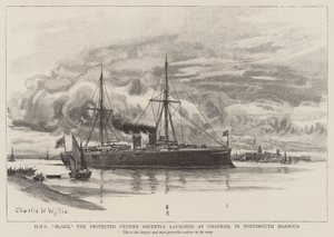 HMS Blake, den skyddade kryssaren som nyligen lanserades i Chatham, i Portsmouths hamn