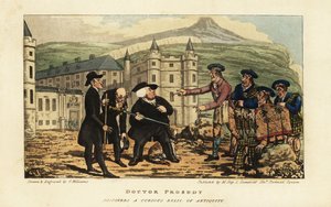 En skotsk murare som informerar engelska turister att deras rostiga antika falchionsvärd är ett modernt blad av Andrea Ferrara framför Holyrood Palace, Edinburgh
