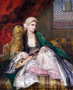 Orientalism: Europeisk "orientalisk skönhet" med turban och slöjor (turkisk stil) ligger ner med ett musikinstrument. Målning av Charles Wynne Nicholls (1831-1903) (prerafaelit) 1865