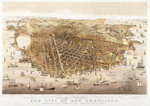 The City of San Francisco, fågelperspektiv från bukten i sydväst, publicerad av Currier & Ives av Charles Richard Parsons