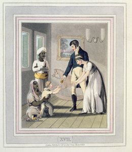 En europeisk dam och hennes familj, deltog av en Ayah, eller sjuksköterska, skylt 17 från "The European in India", publicerad 1813 (handfärgad akvatint)