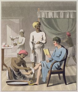 A Gentleman Dressing, i närvaro av hans huvudbärare och andra tjänare, skylt 4 från "The European in India", publicerad 1813 (handfärgad akvatint)