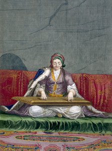 Turkisk flicka spelar ett tangentbord som plockar instrument, pub. 1707-08. av Charles de Ferriol