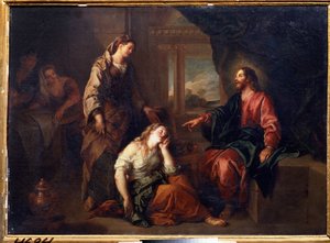 ""Kristus i Martha och Maria"" (Kristus i Martas och Marias hus). Sankta Marta, kvinnlig lärjunge till Jesus Kristus och hennes syster Marie de Bethanie. Målning av Charles de La Fosse (1636-1716) Pushkin Museum, Moskva
