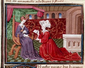En tjänarinna som bär ett brev till drottning Iseult (eller Iseult) miniatyr taget från "" Romanesque du Chevalier Tristan"" av mästare Charles av Maine 1440-1460. Chantilly, Conde Museum