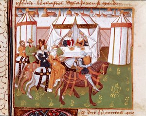 Riddares ankomst till festen som hålls av kung Arthur och drottning Guenievre vid Camelot (Camaloth eller Camaaloth) Miniatyr hämtad från "" Romanesque du Chevalier Tristan"" av mästare Charles av Maine 1440-1460. Chantilly, Conde Museum