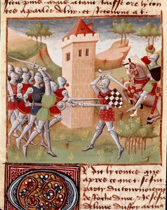Lancelot du Lac fighting knights Miniatyr tagen från "" Roman du Chevalier Tristan"" av Master Charles de Maine (Beroul-version). 1440-1460. Chantilly, Condé Museum