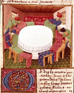 Förberedelser för det runda bordet vid ankomsten av miniatyrriddarna hämtade från "" Romanesque du Chevalier Tristan"" av mästare Charles de Maine (Beroul-version). 1440-1460. Chantilly, Conde Museum