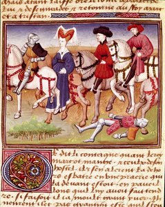 Drottning Iseut (eller Iseult) är en häst åtföljd av miniatyrryttare hämtade från "" Romanesque du Chevalier Tristan"" av mästare Charles av Maine 1440-1460. Chantilly, Conde Museum