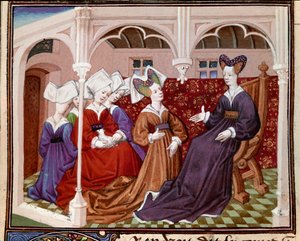 Drottning Iseut (eller Iseult) pratar med sina miniatyrkamrater från "" Romance of the Knight Tristan"" av Master Charles of Maine 1440-1460. Chantilly, Conde Museum