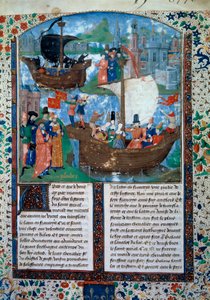 Tristan och Iseult (Isolde eller Yseult) lämnar Irland, Tristan dricker kärleksfiltret. Innerst inne förs deras två kroppar tillbaka till Irland. Miniatyr från manuskript ms. 103 f.1 The novel of Tristan”” tillskriven mästaren Charles av Maine. 1400-talet