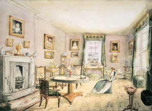 The Drawing Room, East Wood, Hay, f54 från ett album med interiörer, 1843 av Charlotte Bosanquet