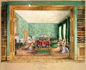 The Drawing Room at Meesdenbury, f13 från An Album of Interiors, 1843 (wc på papper) av Charlotte Bosanquet