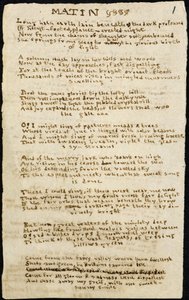 Dikt av Charlotte Bronte. Egenhändigt skrivet exemplar, med strykningar, av dikten "Matin". 12 november 1830, i Haworth, co. York: 1830. Haworth, co. York.