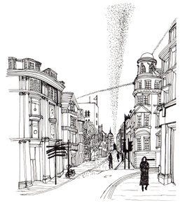 Cornmarket Street, 2019 (penna och bläck) av Charlotte Orr