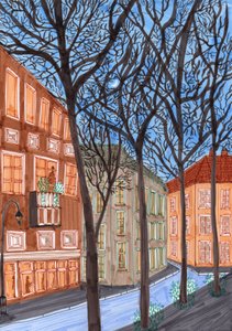 Friedrichshain på natten, 2017 (penselpennor) av Charlotte Orr