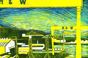 Harland & Wolff Cranes, Belfast, 2022 (linotryck) av Charlotte Orr