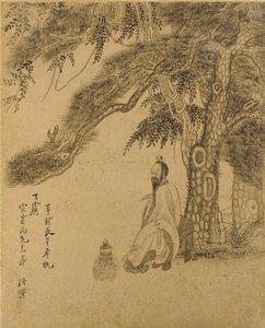 Förbereder elixiret under en tall, Qing-dynastin, 1651 (bläck på guldpapper) av Chen Hongshou