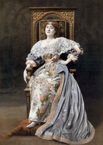 Franska komikern Julia Bartet (1854-1941) som Marion de Lorme i pjäsen "Marion de Lorme" på Comedie Francaise, Paris, foto av Cheri Rousseau från franska tidningen "Le Theatre" 1 juli