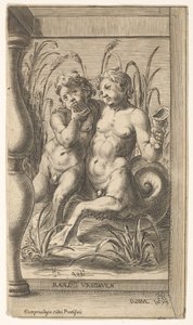 Två tritoner omfamnar, den ena spelar pannpipa, den andra håller ett snäckskal satt inom ..., 1579. av Cherubino Alberti