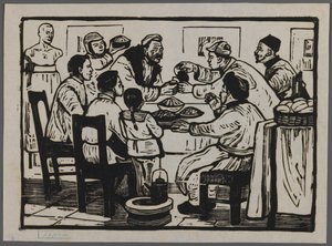 Låt oss ta en drink för att fira nyårsafton, ca 1945 (träsnitt) av Chi Kwei Sung