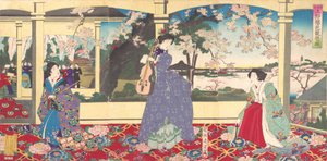A Dance Party: Enjoying Cherry Blossom Viewing at Ueno Tobukai Ueno oka yuran no z..., mars 1887.