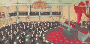 Illustration av The Imperial Assembly of House of Peers Teikoku gikai kizokuin no zu..., 1890.