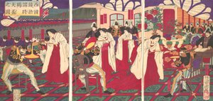 Illustration av befälhavarna som pacificerade västra Japan, mottagande av kejsarens G..., juli 1877.