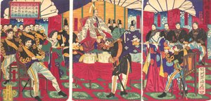 Illustration av de hedrade befälhavarna, som tar emot kejsarens gåvokopp Kunko..., september 1877. av Chikanobu Yoshu