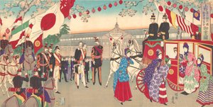 Kejsarinnans besök på den tredje nationella industriella marknadsföringsutställningen i Ueno Park ..., 1889.