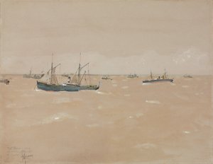 Fruktångare som rider ut ett slag utanför Spaniens kust av Childe Frederick Hassam