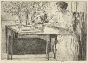 The Colonial Table (Holley House, Cos Cob) (recto); Landskap med lada (verso) av Childe Hassam
