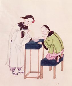 En tjej som letar efter tur i en skål med vatten (wc på papper) av Chinese School