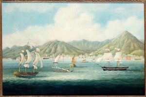 En vy över Victoria, Hong Kong med brittiska skepp och andra fartyg, c.1850 av Chinese School
