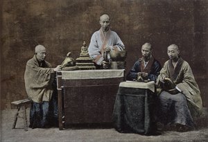 En grupp kinesiska bonzes; graverad och tryckt av Gilot; 1896 av kinesisk skola, (1800-talet) av Chinese School