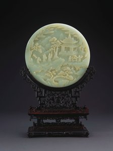Ett cirkulärt bord i vit jade Skärm som visar forskare som närmar sig en paviljong av Chinese School