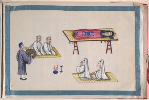 Album, sent 1800-tal (album med tolv blad; tusch och färg på märgpapper, inbundet i röd damast) av Chinese School