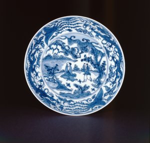 Blått och vitt fat målat med en salvia och medföljare, Wanli-märke och period, 1573-90 (porslin)