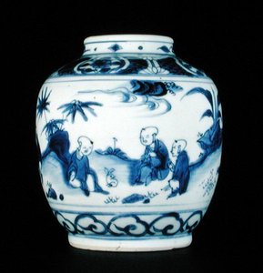 Blå och vit burk målad med en pojke med en hare, Wanli eller Chongzheng, 1600-30 (porslin) (se 206093, 206094, 206096)