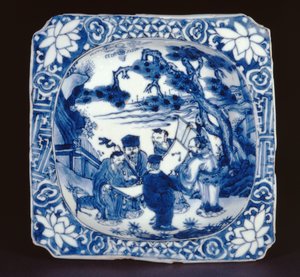 Blått och vitt kosometsuke fyrkantigt fat målat med Shoulao och andra odödliga, Tianqi, 1621-27 (porslin)