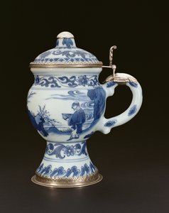 Blå och vit senapskruka med lock målad med en lärd och skötare, Chongzheng, 1635-40 (porslin)