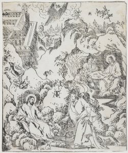 Kristus i vildmarken, tallrik från Giulio Alenis Tianzhu jiangsheng zhuxiang jingjie (En illustrerad historia om himlens Herre som blev inkarnerad i köttet), Jinjiang-kyrkan, Fujian-provinsen av Chinese School