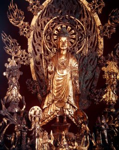Detalj av en altartavla tillägnad Buddha Maitreya, 524 (förgylld brons) av Chinese School