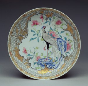 Fat målat med en långstjärtad fågel, stenar och blommor, Yongzheng Period, 1725-35 (äggskalsporslin)