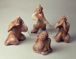 Tidig kinesisk keramikgrupp med fyra underhållare, gravartefakt, Han-dynastin, 25-220 e.Kr. (keramik)