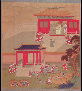 Kejsar Chin Wang Ti (r.221-210 f.Kr.) bränner alla kinesiska böcker och kastar akademikerna i en djup ravin, från en historia av kinesiska kejsare 213 f.Kr. (färg på siden) av Chinese School