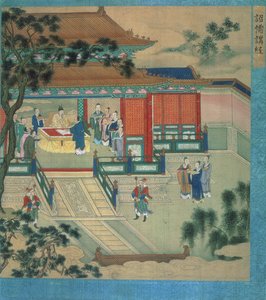 Kejsar Hsien Ti (fl.189-220) med forskare som översätter klassiska texter, från en historia av kinesiska kejsare (färg på siden) av Chinese School