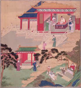Kejsar Tai Tsung (r.762-779) läser en medicinsk bok, från en historia av kinesiska kejsare (färg på siden) av Chinese School