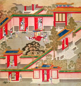 Kejsar Wu Ti (156-87, r.141-87 f.Kr.), som lämnar sitt palats, från en historia av kinesiska kejsare (färg på siden) av Chinese School